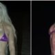 Zara Larsson com cabelos loiros e biquíni roxo, pele molhada com decorações de estrela, em ambiente escuro