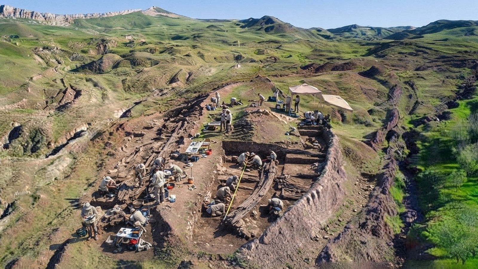 Vista aérea de muitos arqueólogos escavando uma estrutura no solo, em paisagem verde montanhosa
