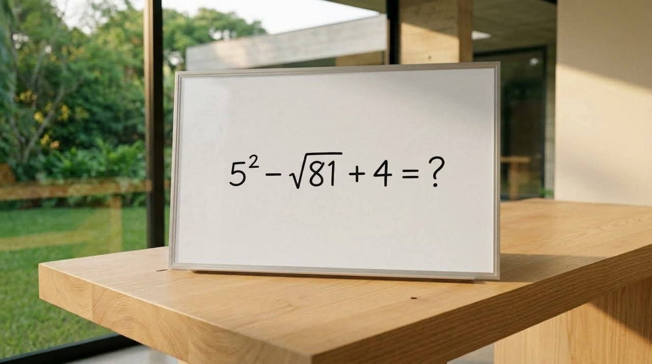 Expressão matemática 5² − √81 + 4 escrita em um quadro branco, com ponto de interrogação no lugar da resposta.