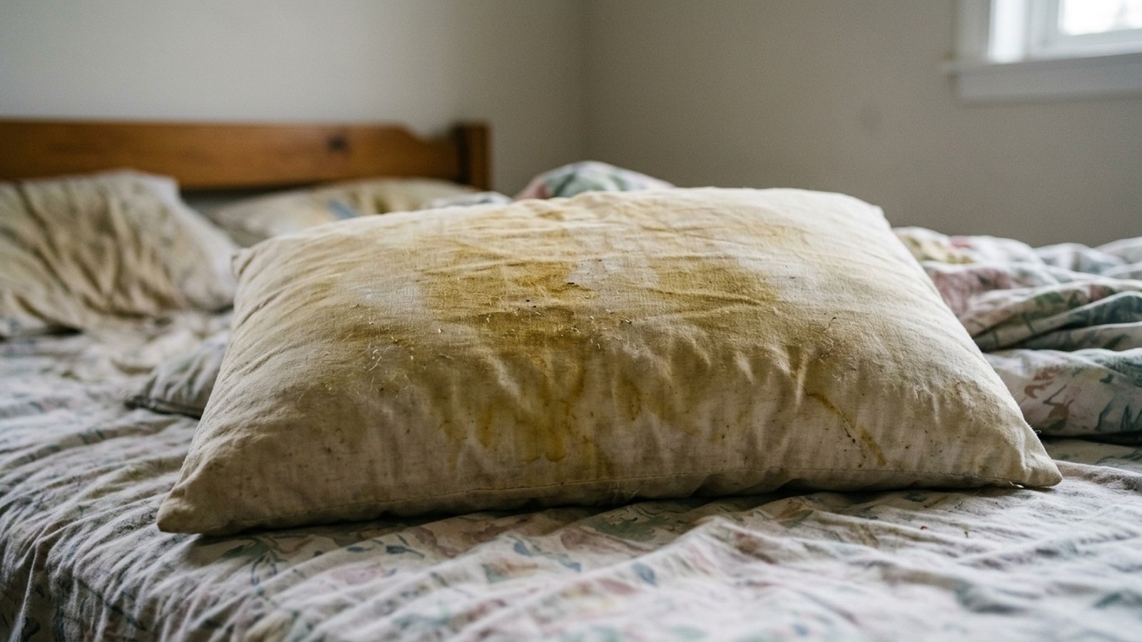 Travesseiro branco amarelado e manchado sobre uma cama com lençol estampado floral
