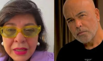 Mulher de óculos amarelos ao lado de homem careca com barba em foto dividida