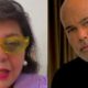 Mulher de óculos amarelos ao lado de homem careca com barba em foto dividida