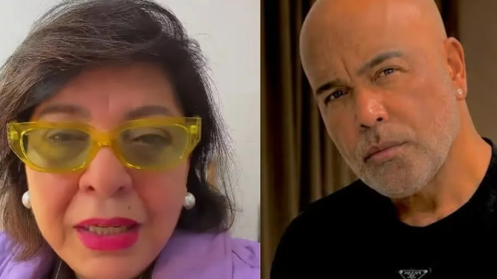 Mulher de óculos amarelos ao lado de homem careca com barba em foto dividida