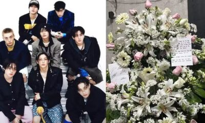 Foto dupla: grupo Stray Kids e coroa floral branca com rosas e cartão manuscrito
