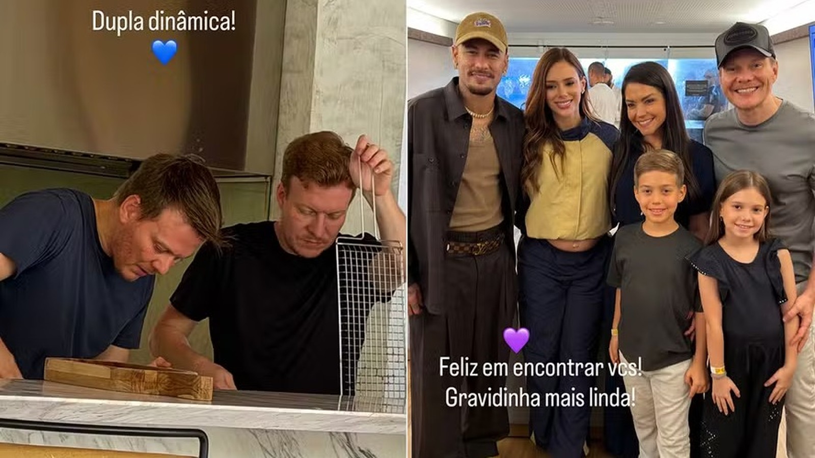 Michel Teló, Teo Teló em bancada. Neymar, Bruna Biancardi grávida e família posam