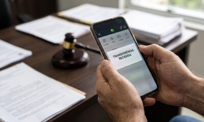 Mãos segurando smartphone com notificação 'TRANSFERÊNCIA RECEBIDA' ao lado de um martelo de juiz