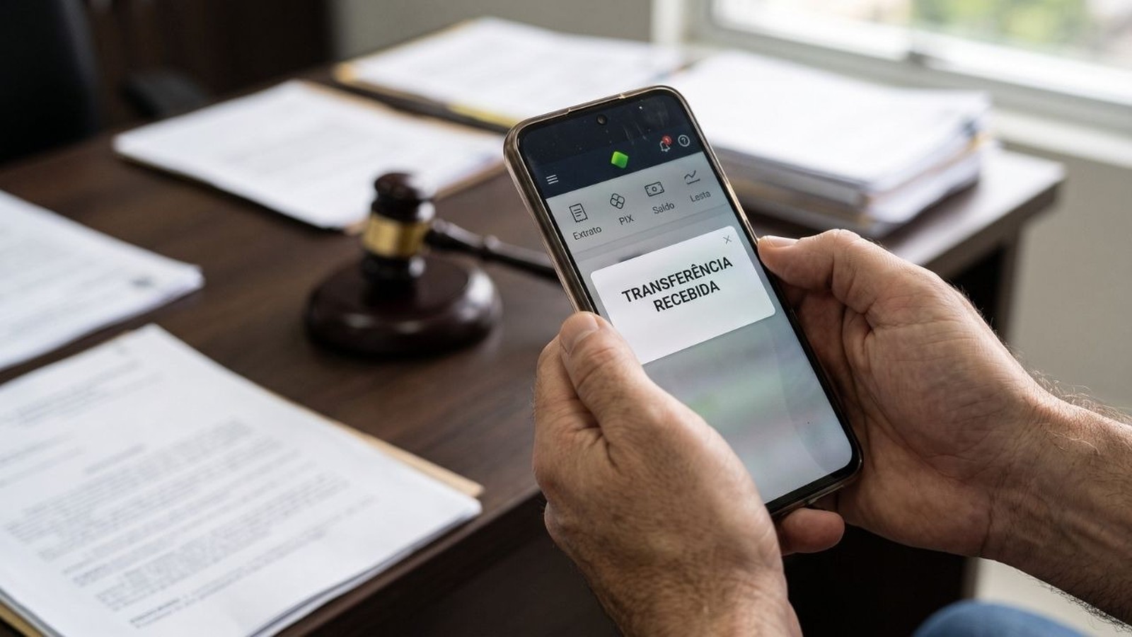 Mãos segurando smartphone com notificação 'TRANSFERÊNCIA RECEBIDA' ao lado de um martelo de juiz