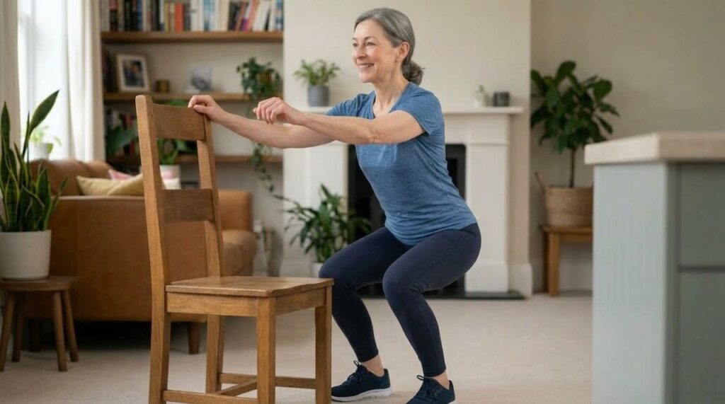 Mulher com mais de 50 anos fazendo agachamento com as mãos apoiadas no encosto de uma cadeira firme.
