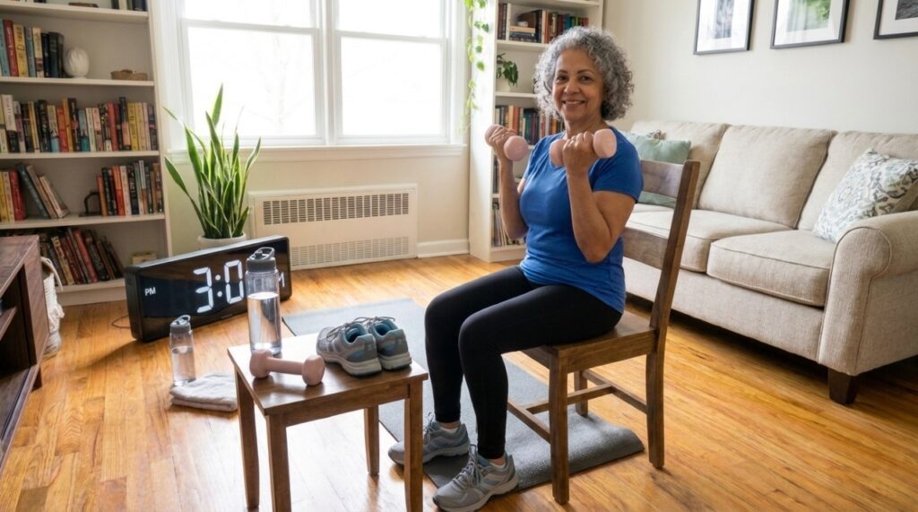 Mulher com mais de 60 anos realiza rosca bíceps com halteres leves e cotovelos próximos ao corpo.