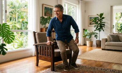 Homem de cerca de 60 anos se levantando de uma cadeira com postura segura, representando fortalecimento das pernas após os 50. - - Imagem ilustrativa criada por inteligência artificial
