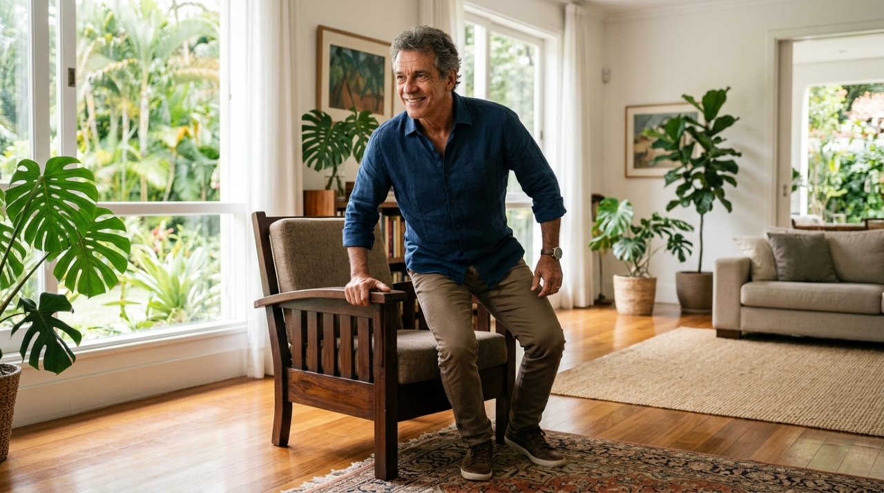 Homem de cerca de 60 anos se levantando de uma cadeira com postura segura, representando fortalecimento das pernas após os 50. - - Imagem ilustrativa criada por inteligência artificial