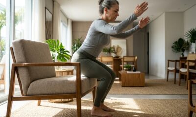 Pessoa com mais de 50 anos levantando de uma cadeira durante exercício para fortalecer as pernas em casa.