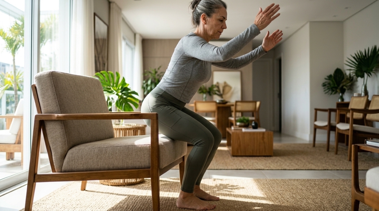 Pessoa com mais de 50 anos levantando de uma cadeira durante exercício para fortalecer as pernas em casa.