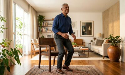 Pessoa com mais de 60 anos levantando de uma cadeira durante exercício funcional em casa.