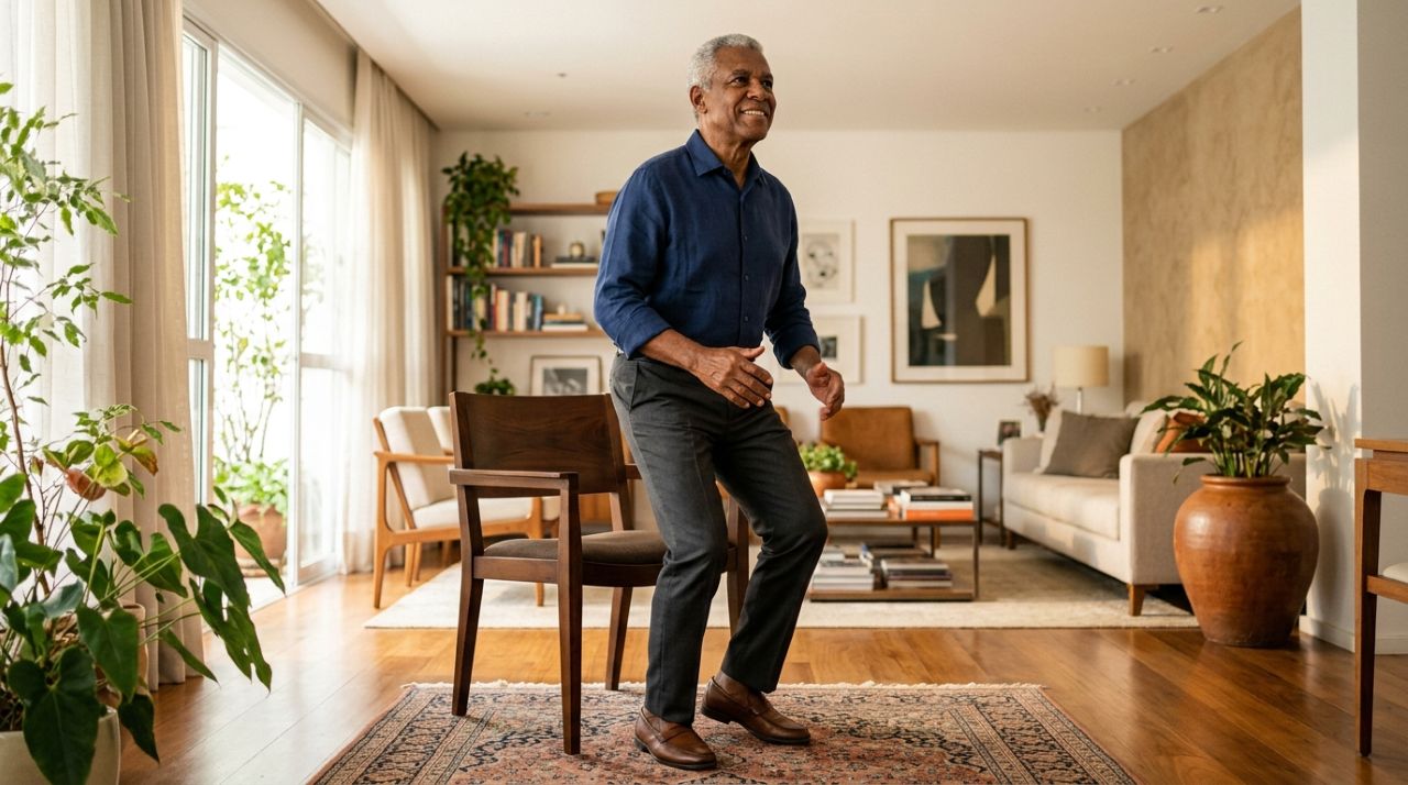 Pessoa com mais de 60 anos levantando de uma cadeira durante exercício funcional em casa.