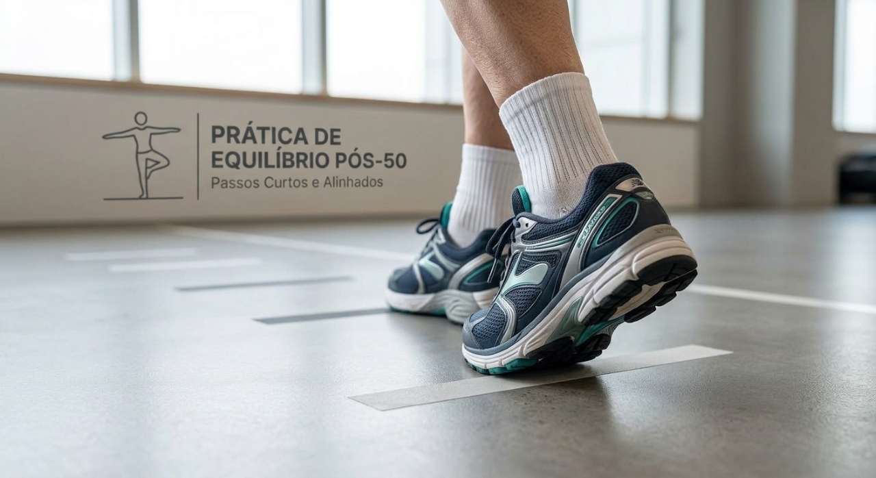 Pessoa praticando caminhada para trás com passos curtos em local plano e seguro.