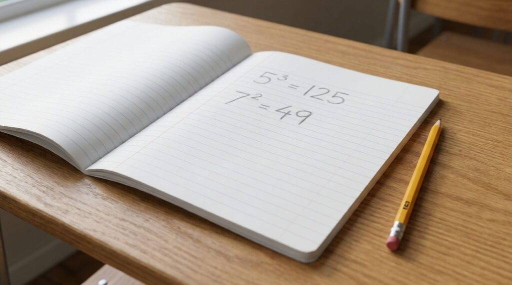 Folha de caderno com as etapas 5³ = 125 e 7² = 49 escritas a lápis, sem apresentar o resultado final da expressão.