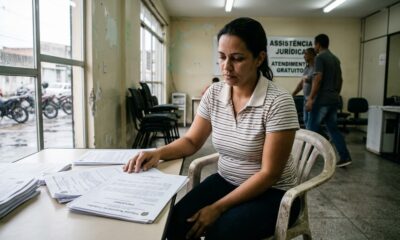 Mulher de camisa listrada sentada à mesa examinando documentos legais; 'PROCESSO' visível, placa 'ASSISTÊNCIA JURÍDICA'