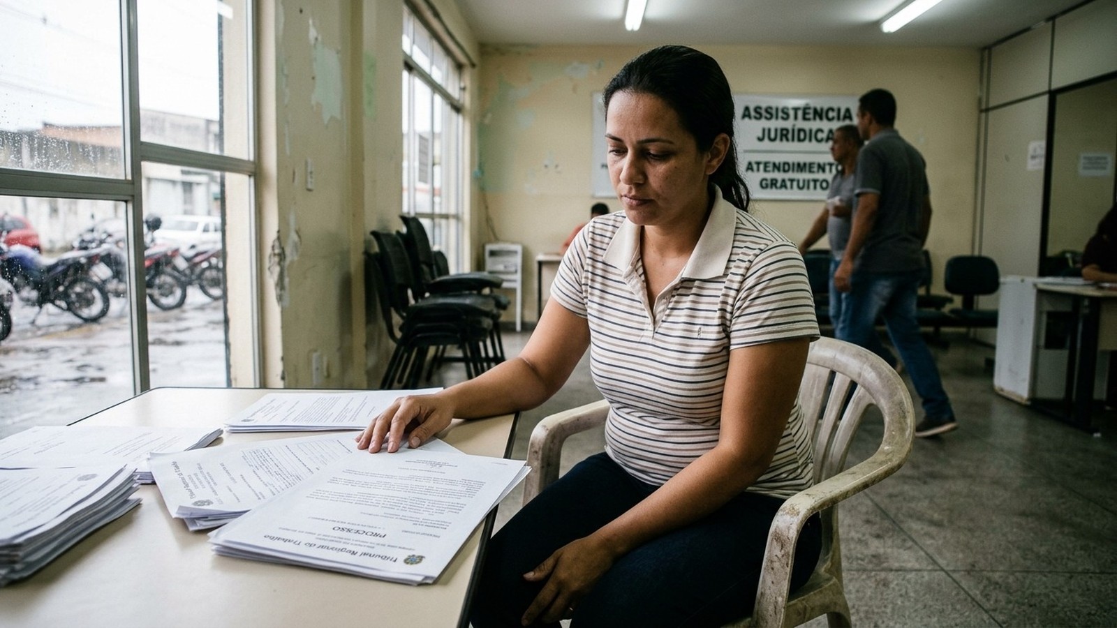 Mulher de camisa listrada sentada à mesa examinando documentos legais; 'PROCESSO' visível, placa 'ASSISTÊNCIA JURÍDICA'