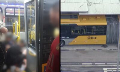 Interior e exterior de ônibus BRT articulado amarelo e preto com passageiros no Rio de Janeiro.
