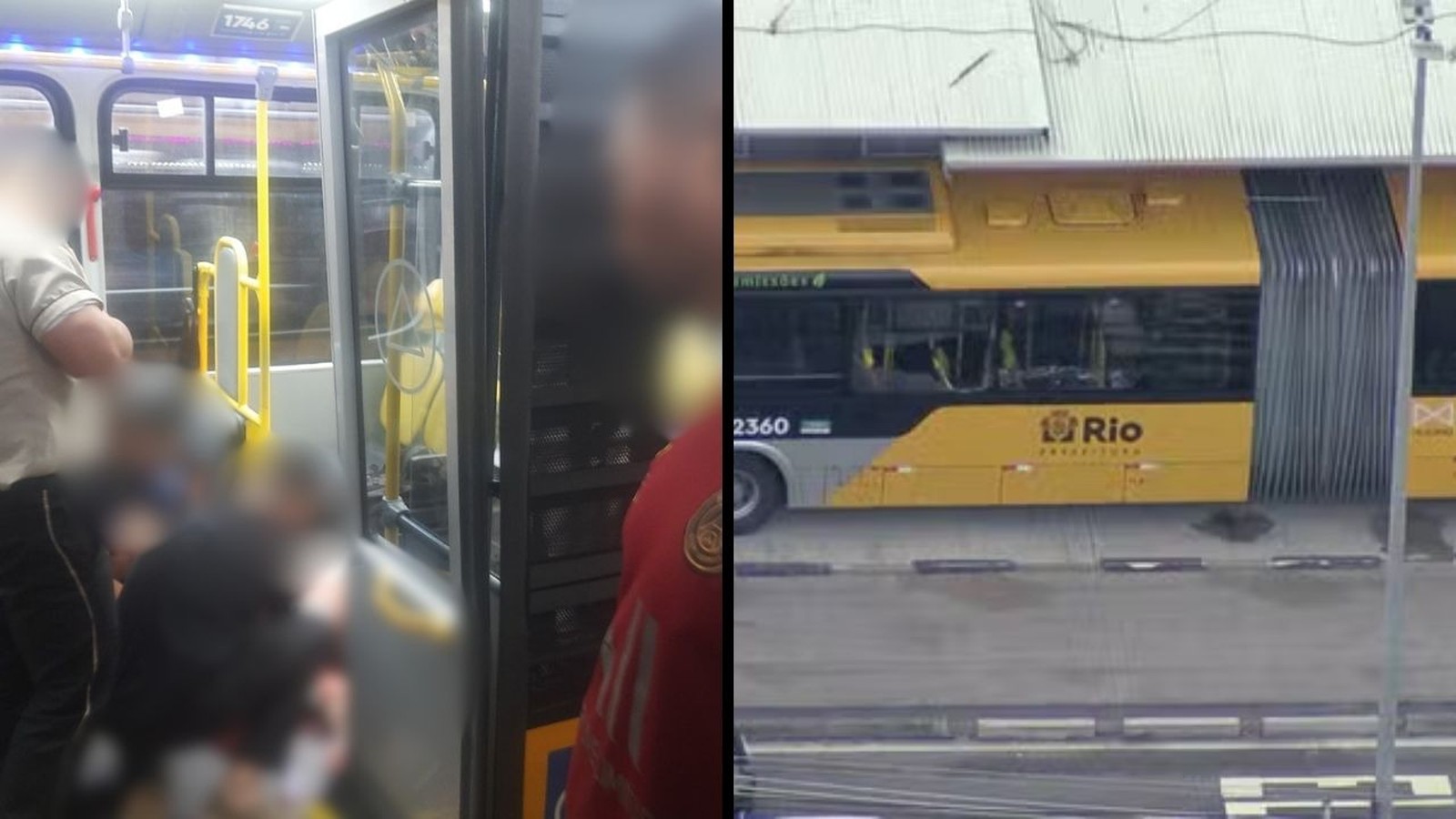 Interior e exterior de ônibus BRT articulado amarelo e preto com passageiros no Rio de Janeiro.
