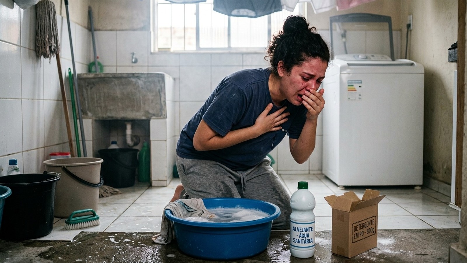 Mulher ajoelhada chorando, água sanitária e detergente no chão da área de serviço