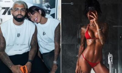Gabigol e Dhiovanna Barbosa, e Dhiovanna tatuada em biquíni vermelho na selfie