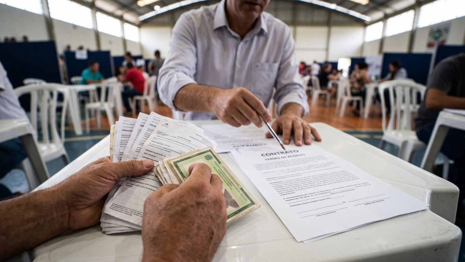 Mãos seguram documentos e RG. Homem aponta para 'CONTRATO TERMO DE ACORDO' em mesa
