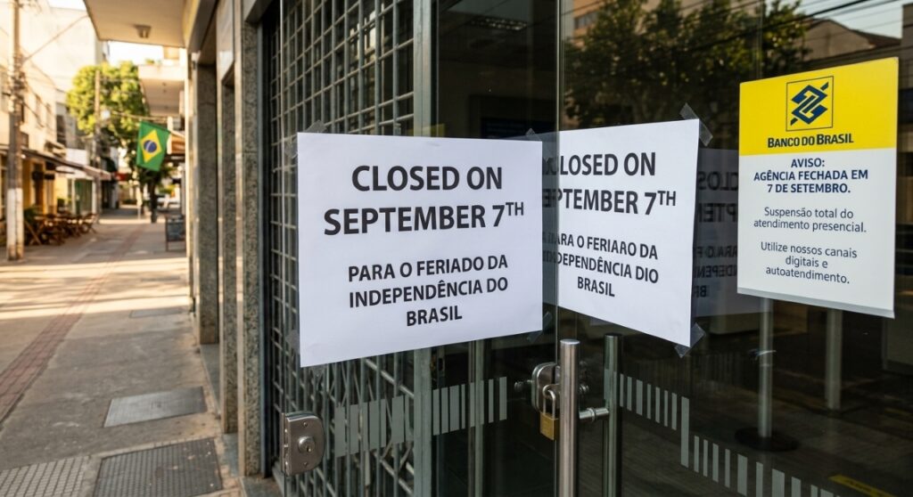 Agência bancária fechada no feriado de 7 de setembro, com aviso sobre a suspensão do atendimento presencial.
