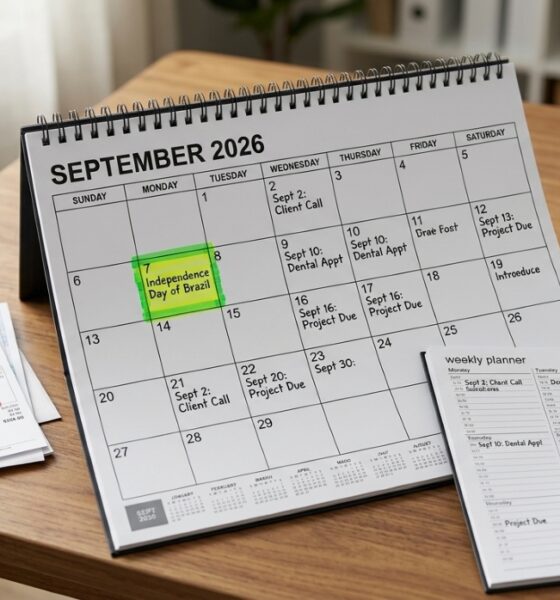 Calendário de setembro de 2026 com o dia 7 destacado, acompanhado de contas pagas e agenda organizada antes do feriadão.