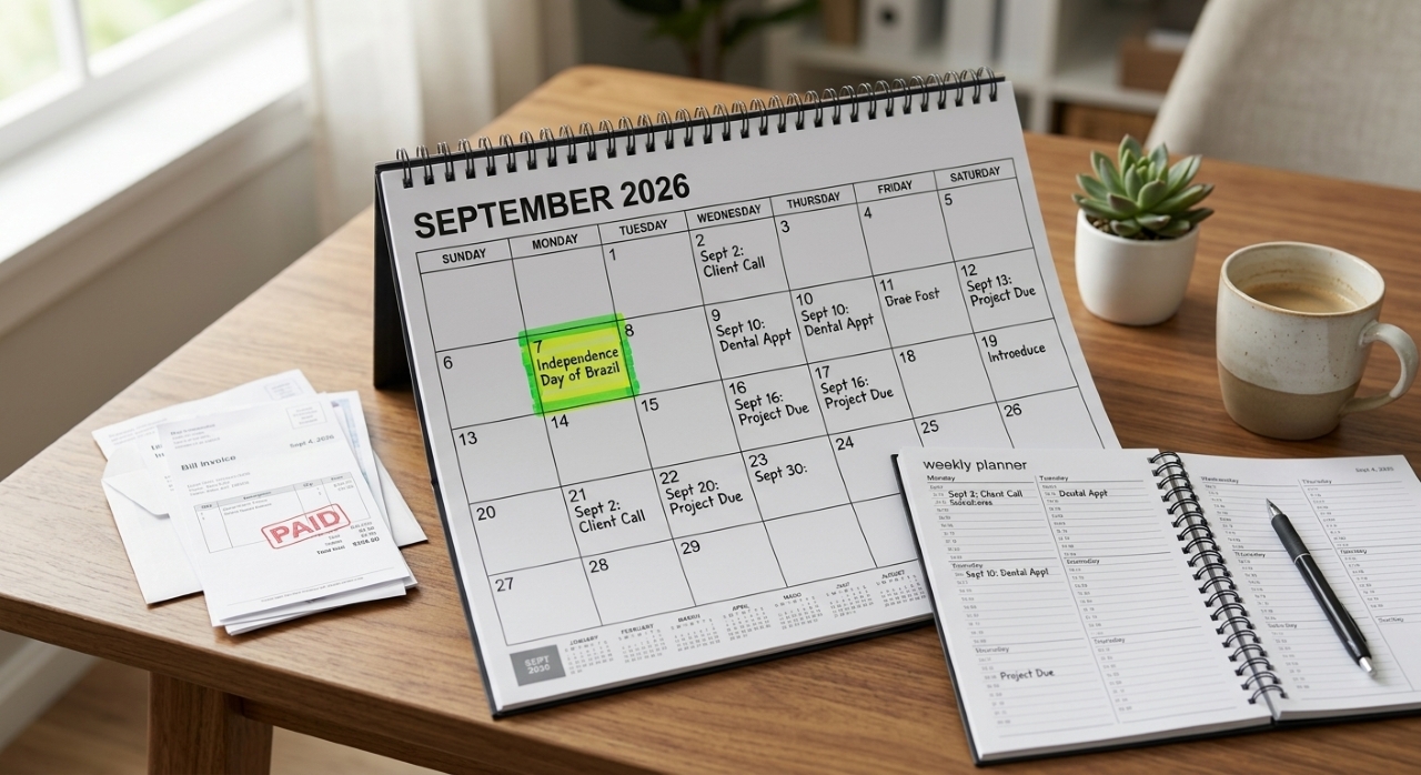 Calendário de setembro de 2026 com o dia 7 destacado, acompanhado de contas pagas e agenda organizada antes do feriadão.