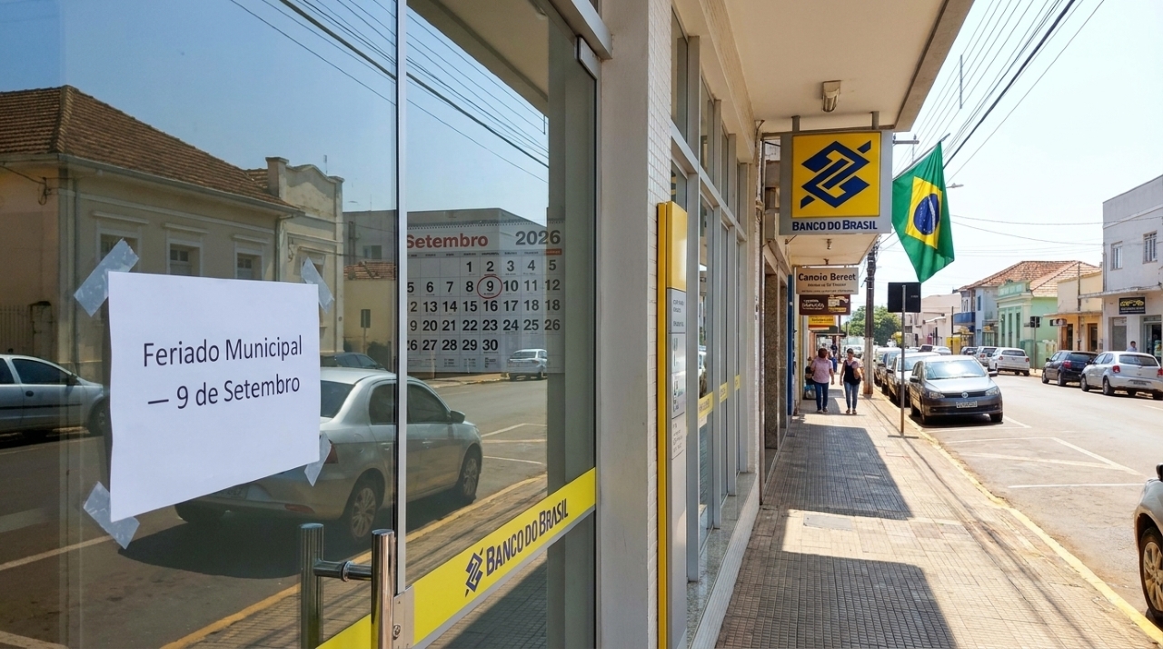 Agência bancária fechada em Ribeirão do Pinhal com aviso de feriado municipal em 9 de setembro de 2026.