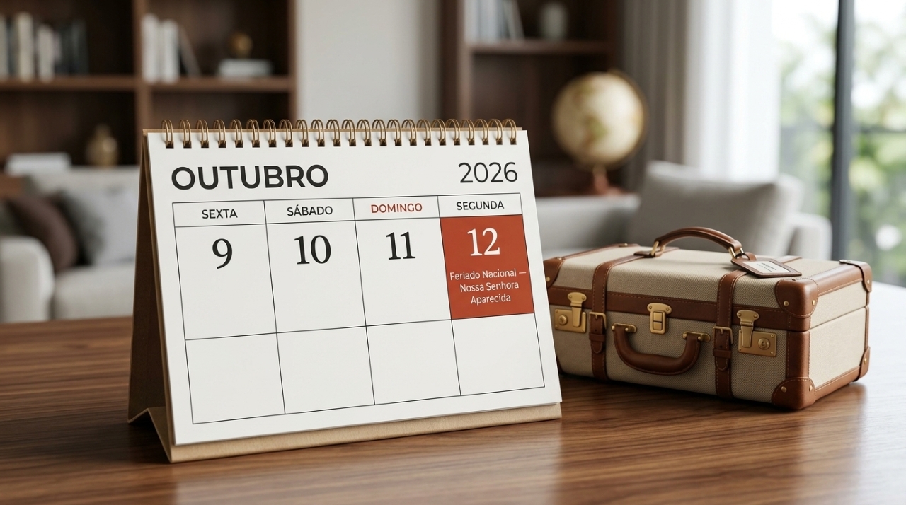 Calendário de outubro de 2026 com os dias 10, 11 e 12 destacados e uma mala de viagem ao lado.