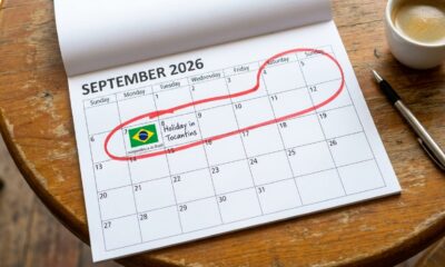 Calendário de setembro de 2026 com os dias 5, 6, 7 e 8 destacados, representando quatro dias consecutivos de folga no Tocantins.