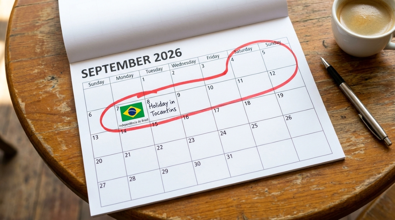 Calendário de setembro de 2026 com os dias 5, 6, 7 e 8 destacados, representando quatro dias consecutivos de folga no Tocantins.