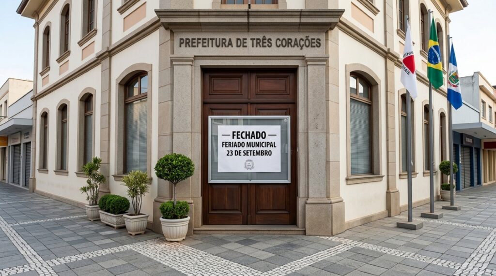 Entrada fechada de repartição pública em Três Corações com aviso de feriado municipal em 23 de setembro.