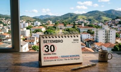 Calendário marcando 30 de setembro como feriado municipal em Viçosa, com cenário urbano da cidade ao fundo. -- Imagem ilustrativa criada por inteligência artificial