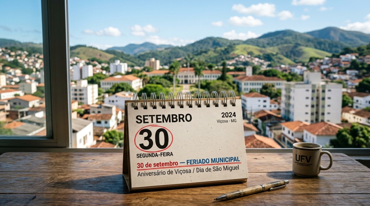 Calendário marcando 30 de setembro como feriado municipal em Viçosa, com cenário urbano da cidade ao fundo. -- Imagem ilustrativa criada por inteligência artificial