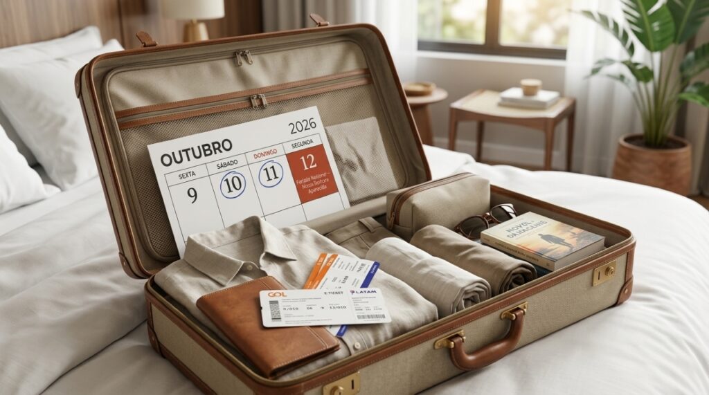 Mala de viagem com passagens e calendário mostrando os dias 10, 11 e 12 de outubro de 2026 destacados.