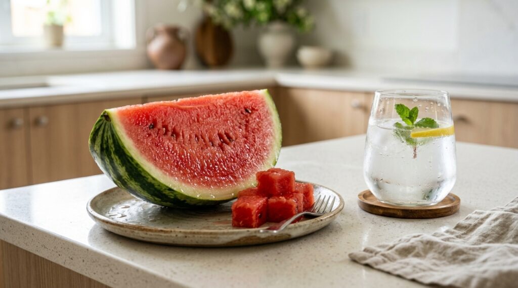 Melancia fresca cortada ao lado de um copo de água, representando a hidratação obtida também por meio dos alimentos. - Imagem ilustrativa criada por inteligência artificial
