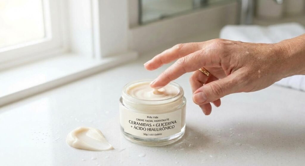 Pote de hidratante facial com destaque para ceramidas, glicerina e ácido hialurônico ao lado de uma pequena porção de creme.