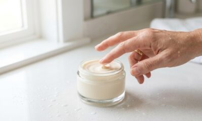 Pote de hidratante facial aberto com creme visível e mão de mulher madura tocando o produto.