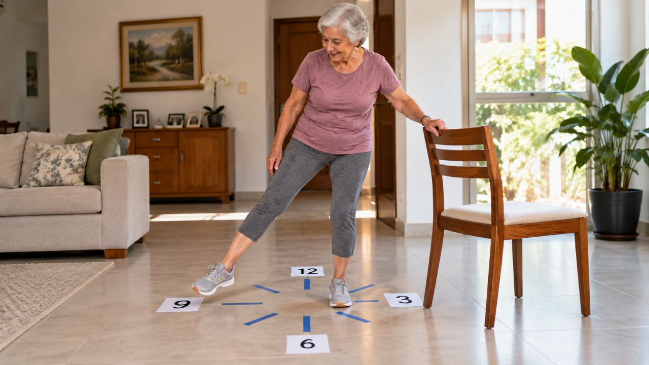 O exercício do relógio: um pé fica parado enquanto o outro aponta para diferentes direções e desafia o equilíbrio depois dos 70