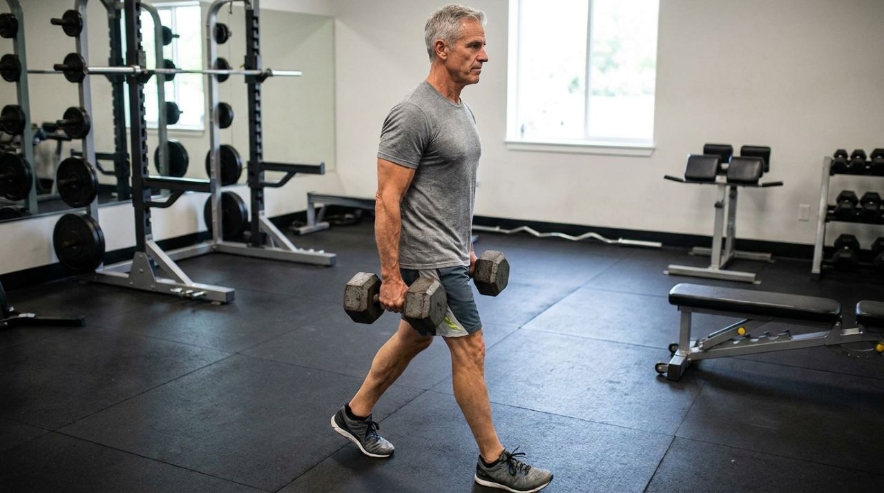Pessoa com mais de 50 anos caminhando com dois halteres ao lado do corpo e mantendo a postura ereta.