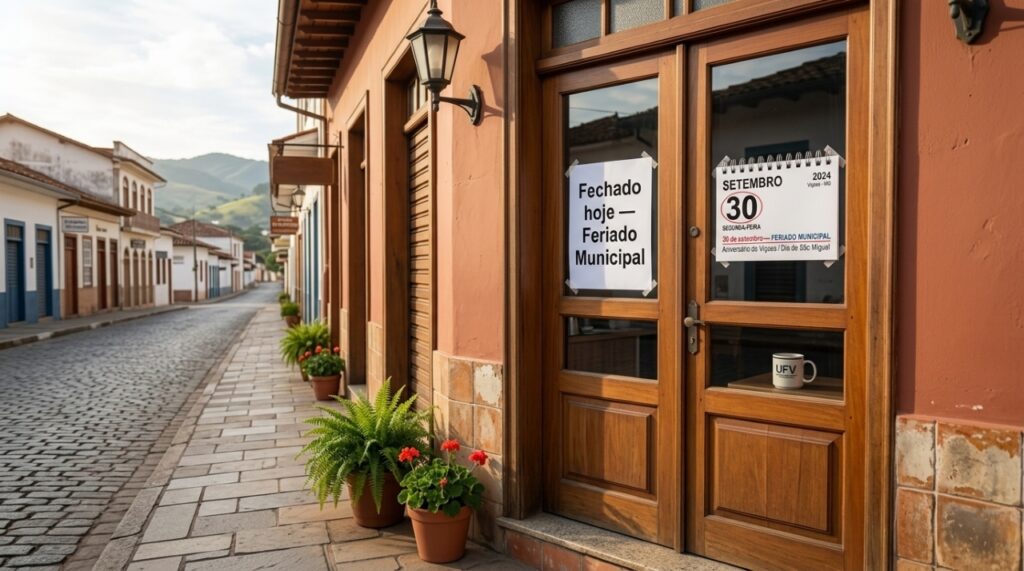 Fachada de comércio fechado em Viçosa com placa informando feriado municipal, representando mudanças na rotina de trabalho. - - Imagem ilustrativa criada por inteligência artificial