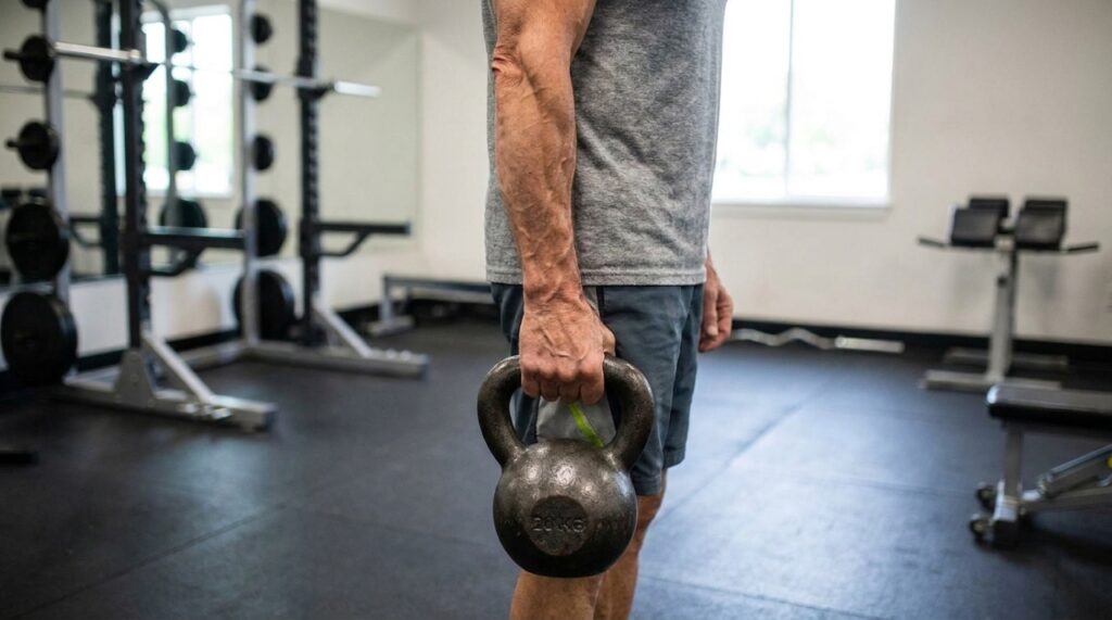 Mão madura segurando um kettlebell durante caminhada com o braço estável ao lado do corpo.