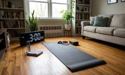 Tapete de exercícios em sala de casa com cronômetro marcando 15 minutos para treino com peso corporal.