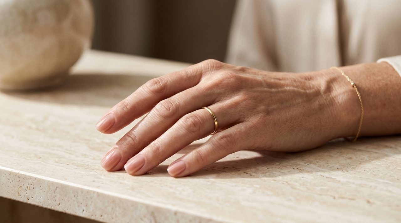 Mão feminina madura com unhas curtas esmaltadas em nude rosado brilhante sobre superfície clara.