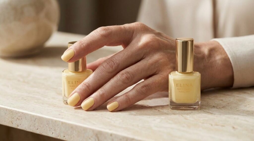 Mão feminina madura com unhas curtas esmaltadas em butter yellow suave e acabamento brilhante.