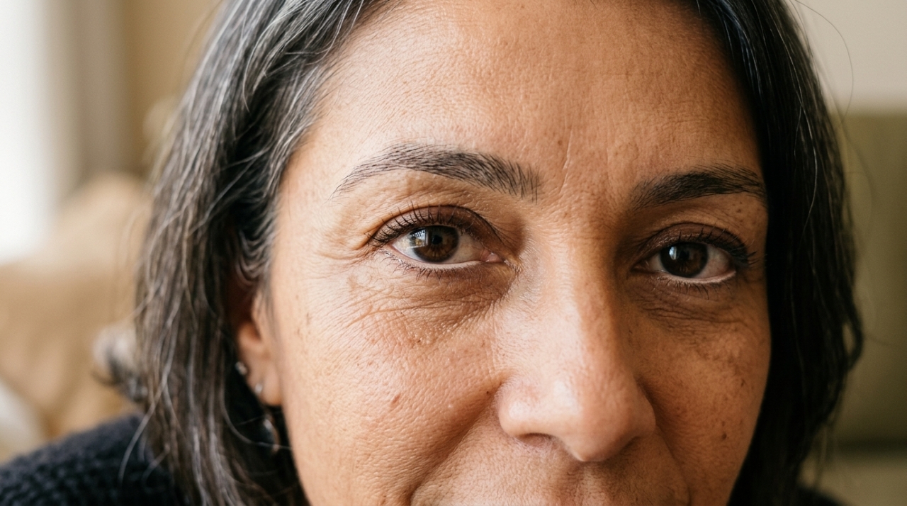 Olhos de mulher com mais de 50 anos usando lápis nude na linha d’água e lápis marrom esfumado nos cílios superiores. - Imagem ilustrativa criada por inteligência artificial